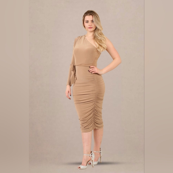Tan One Shoulder Ruched Bodycon Dress - Picture 1 of 6